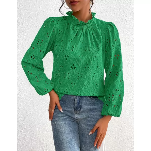 PRETTYGARDEN Womens Blouses Dressy Casual Embroidered Long Puff Sleeve Shirts Ruffle Eyelet Lace Top Fall ClothesGreen