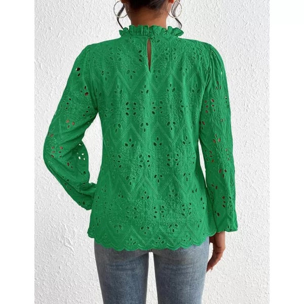 PRETTYGARDEN Womens Blouses Dressy Casual Embroidered Long Puff Sleeve Shirts Ruffle Eyelet Lace Top Fall ClothesGreen