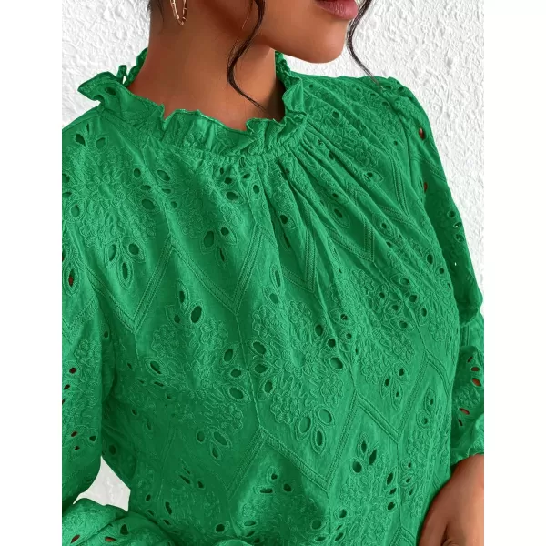PRETTYGARDEN Womens Blouses Dressy Casual Embroidered Long Puff Sleeve Shirts Ruffle Eyelet Lace Top Fall ClothesGreen