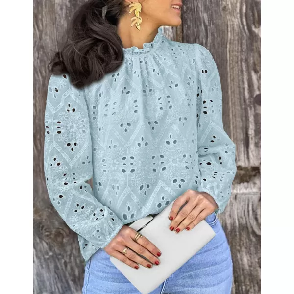 PRETTYGARDEN Womens Blouses Dressy Casual Embroidered Long Puff Sleeve Shirts Ruffle Eyelet Lace Top Fall ClothesLight Blue