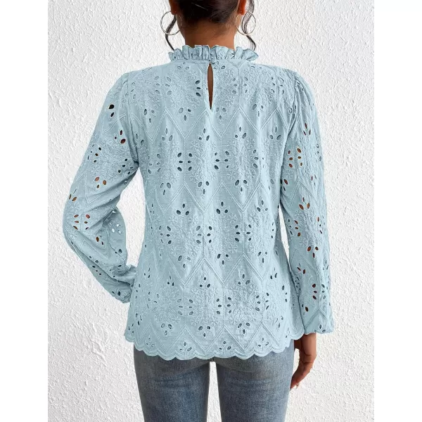 PRETTYGARDEN Womens Blouses Dressy Casual Embroidered Long Puff Sleeve Shirts Ruffle Eyelet Lace Top Fall ClothesLight Blue