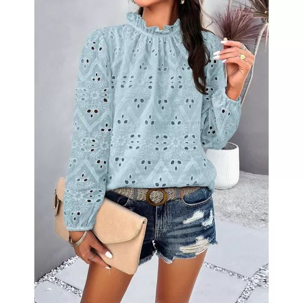 PRETTYGARDEN Womens Blouses Dressy Casual Embroidered Long Puff Sleeve Shirts Ruffle Eyelet Lace Top Fall ClothesLight Blue