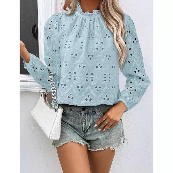 PRETTYGARDEN Womens Blouses Dressy Casual Embroidered Long Puff Sleeve Shirts Ruffle Eyelet Lace Top Fall ClothesLight Blue
