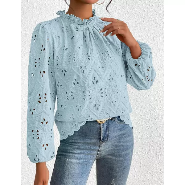 PRETTYGARDEN Womens Blouses Dressy Casual Embroidered Long Puff Sleeve Shirts Ruffle Eyelet Lace Top Fall ClothesLight Blue