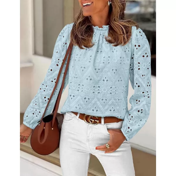 PRETTYGARDEN Womens Blouses Dressy Casual Embroidered Long Puff Sleeve Shirts Ruffle Eyelet Lace Top Fall ClothesLight Blue