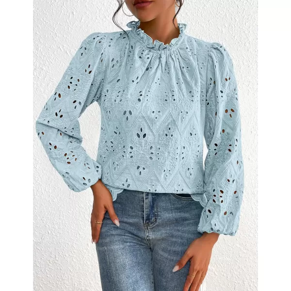 PRETTYGARDEN Womens Blouses Dressy Casual Embroidered Long Puff Sleeve Shirts Ruffle Eyelet Lace Top Fall ClothesLight Blue