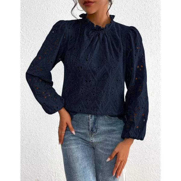 PRETTYGARDEN Womens Blouses Dressy Casual Embroidered Long Puff Sleeve Shirts Ruffle Eyelet Lace Top Fall ClothesNavy