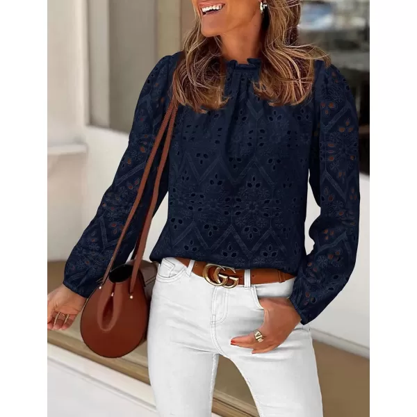 PRETTYGARDEN Womens Blouses Dressy Casual Embroidered Long Puff Sleeve Shirts Ruffle Eyelet Lace Top Fall ClothesNavy