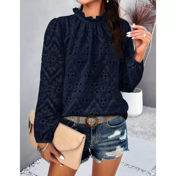 PRETTYGARDEN Womens Blouses Dressy Casual Embroidered Long Puff Sleeve Shirts Ruffle Eyelet Lace Top Fall ClothesNavy