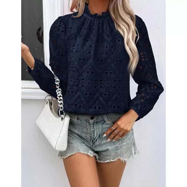 PRETTYGARDEN Womens Blouses Dressy Casual Embroidered Long Puff Sleeve Shirts Ruffle Eyelet Lace Top Fall ClothesNavy