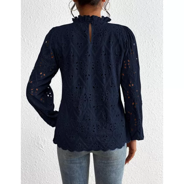 PRETTYGARDEN Womens Blouses Dressy Casual Embroidered Long Puff Sleeve Shirts Ruffle Eyelet Lace Top Fall ClothesNavy