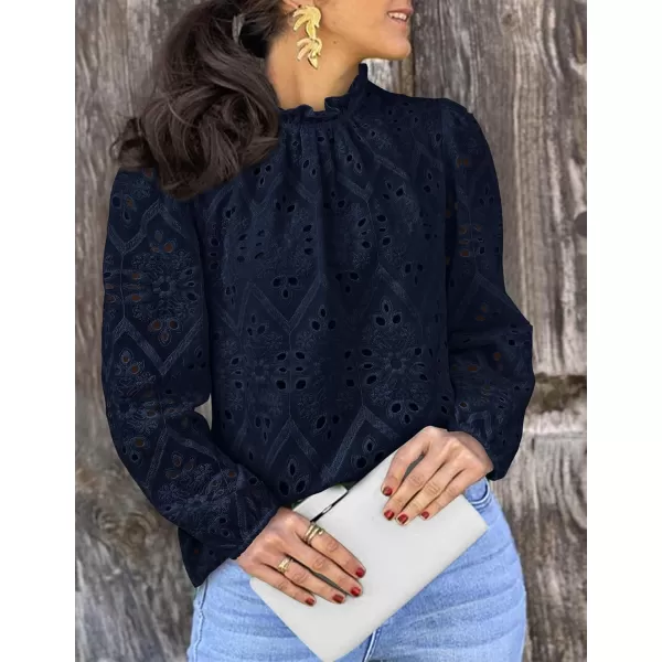 PRETTYGARDEN Womens Blouses Dressy Casual Embroidered Long Puff Sleeve Shirts Ruffle Eyelet Lace Top Fall ClothesNavy
