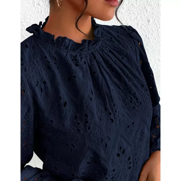 PRETTYGARDEN Womens Blouses Dressy Casual Embroidered Long Puff Sleeve Shirts Ruffle Eyelet Lace Top Fall ClothesNavy