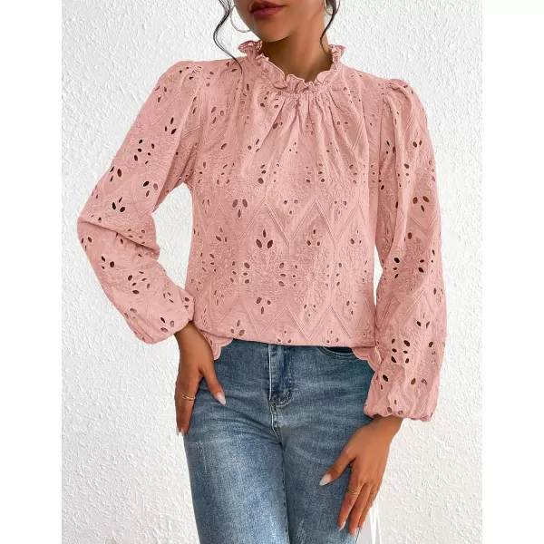 PRETTYGARDEN Womens Blouses Dressy Casual Embroidered Long Puff Sleeve Shirts Ruffle Eyelet Lace Top Fall ClothesPink