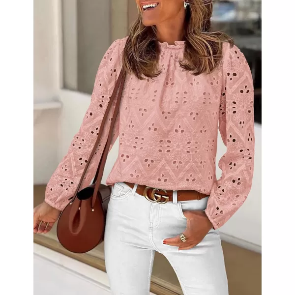 PRETTYGARDEN Womens Blouses Dressy Casual Embroidered Long Puff Sleeve Shirts Ruffle Eyelet Lace Top Fall ClothesPink