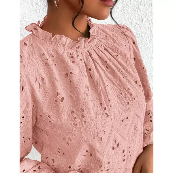 PRETTYGARDEN Womens Blouses Dressy Casual Embroidered Long Puff Sleeve Shirts Ruffle Eyelet Lace Top Fall ClothesPink