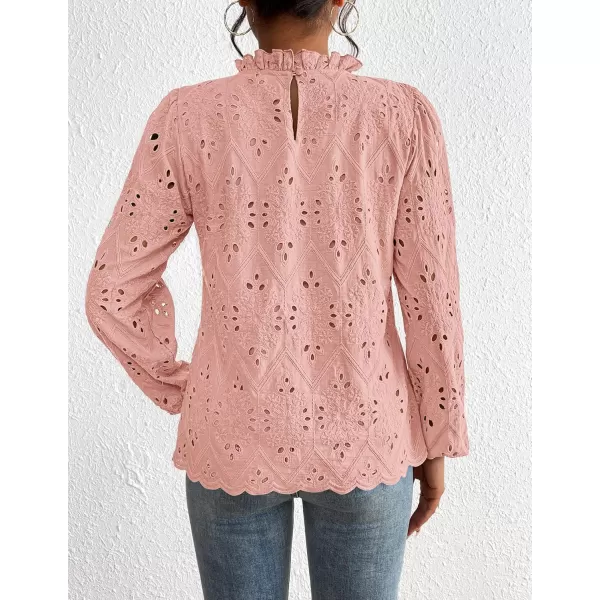 PRETTYGARDEN Womens Blouses Dressy Casual Embroidered Long Puff Sleeve Shirts Ruffle Eyelet Lace Top Fall ClothesPink