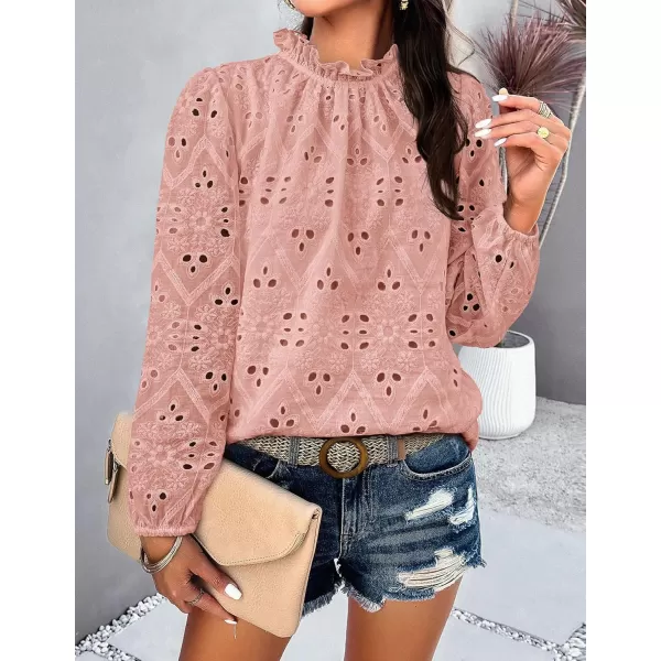 PRETTYGARDEN Womens Blouses Dressy Casual Embroidered Long Puff Sleeve Shirts Ruffle Eyelet Lace Top Fall ClothesPink