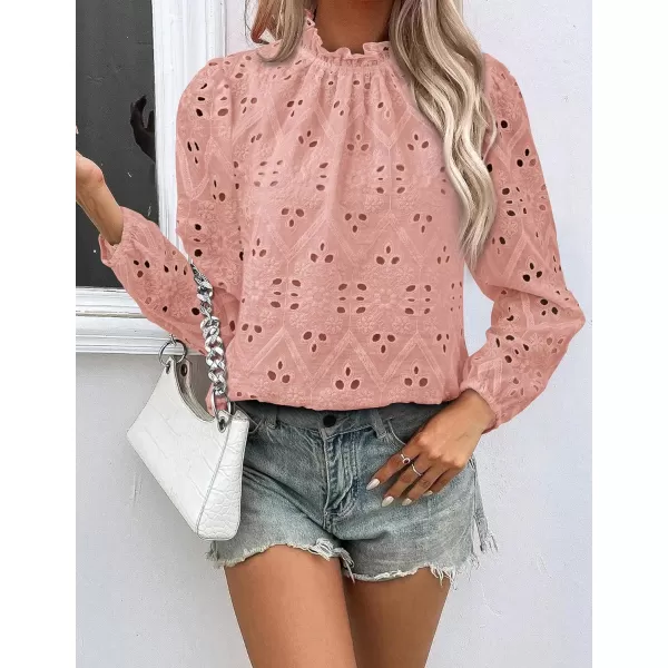 PRETTYGARDEN Womens Blouses Dressy Casual Embroidered Long Puff Sleeve Shirts Ruffle Eyelet Lace Top Fall ClothesPink