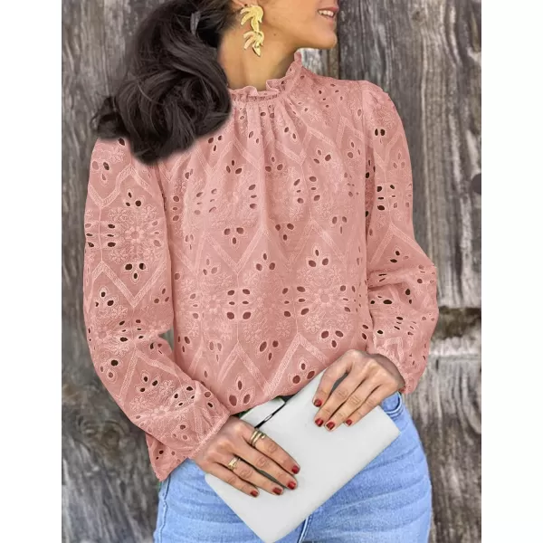 PRETTYGARDEN Womens Blouses Dressy Casual Embroidered Long Puff Sleeve Shirts Ruffle Eyelet Lace Top Fall ClothesPink