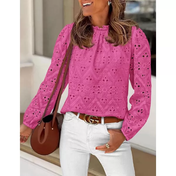 PRETTYGARDEN Womens Blouses Dressy Casual Embroidered Long Puff Sleeve Shirts Ruffle Eyelet Lace Top Fall ClothesRose Red