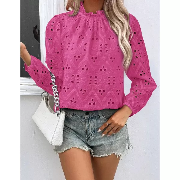 PRETTYGARDEN Womens Blouses Dressy Casual Embroidered Long Puff Sleeve Shirts Ruffle Eyelet Lace Top Fall ClothesRose Red