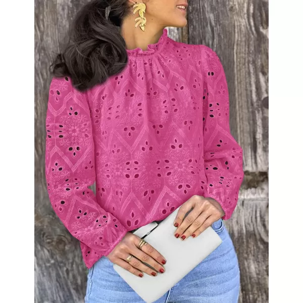 PRETTYGARDEN Womens Blouses Dressy Casual Embroidered Long Puff Sleeve Shirts Ruffle Eyelet Lace Top Fall ClothesRose Red