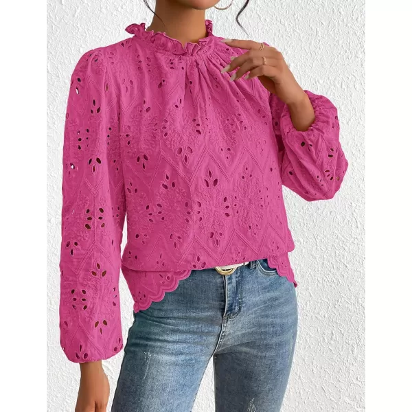 PRETTYGARDEN Womens Blouses Dressy Casual Embroidered Long Puff Sleeve Shirts Ruffle Eyelet Lace Top Fall ClothesRose Red