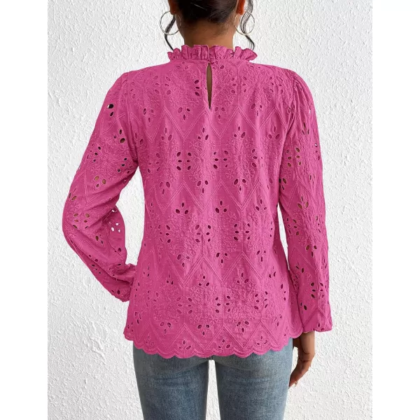 PRETTYGARDEN Womens Blouses Dressy Casual Embroidered Long Puff Sleeve Shirts Ruffle Eyelet Lace Top Fall ClothesRose Red