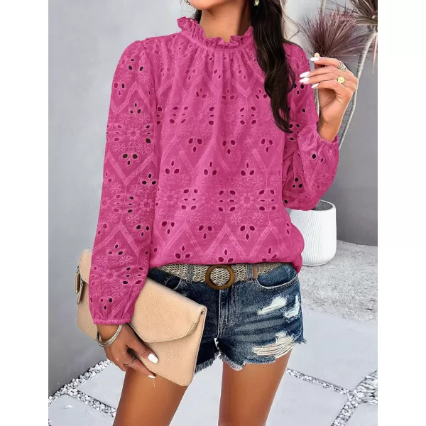 PRETTYGARDEN Womens Blouses Dressy Casual Embroidered Long Puff Sleeve Shirts Ruffle Eyelet Lace Top Fall ClothesRose Red