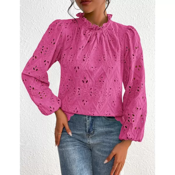 PRETTYGARDEN Womens Blouses Dressy Casual Embroidered Long Puff Sleeve Shirts Ruffle Eyelet Lace Top Fall ClothesRose Red