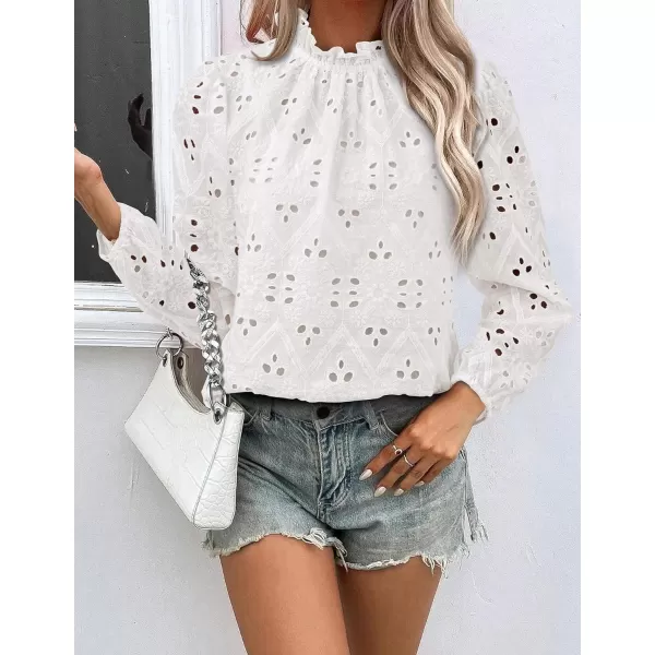 PRETTYGARDEN Womens Blouses Dressy Casual Embroidered Long Puff Sleeve Shirts Ruffle Eyelet Lace Top Fall ClothesWhite