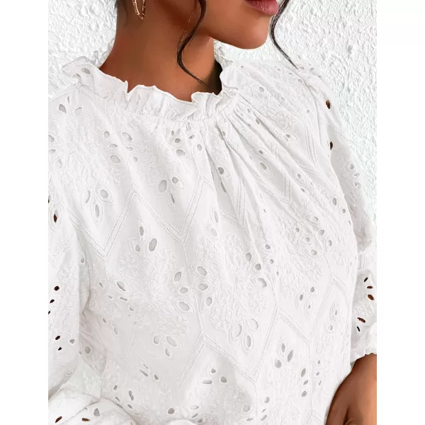 PRETTYGARDEN Womens Blouses Dressy Casual Embroidered Long Puff Sleeve Shirts Ruffle Eyelet Lace Top Fall ClothesWhite