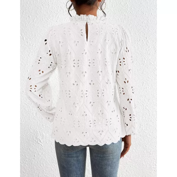 PRETTYGARDEN Womens Blouses Dressy Casual Embroidered Long Puff Sleeve Shirts Ruffle Eyelet Lace Top Fall ClothesWhite
