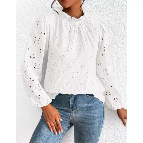 PRETTYGARDEN Womens Blouses Dressy Casual Embroidered Long Puff Sleeve Shirts Ruffle Eyelet Lace Top Fall ClothesWhite