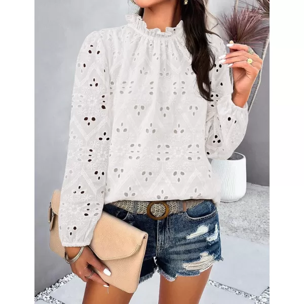 PRETTYGARDEN Womens Blouses Dressy Casual Embroidered Long Puff Sleeve Shirts Ruffle Eyelet Lace Top Fall ClothesWhite