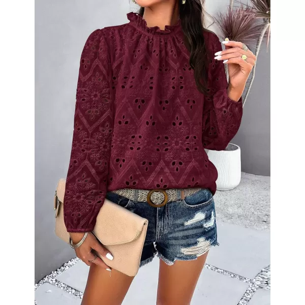 PRETTYGARDEN Womens Blouses Dressy Casual Embroidered Long Puff Sleeve Shirts Ruffle Eyelet Lace Top Fall ClothesWine Red