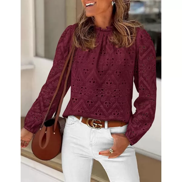 PRETTYGARDEN Womens Blouses Dressy Casual Embroidered Long Puff Sleeve Shirts Ruffle Eyelet Lace Top Fall ClothesWine Red