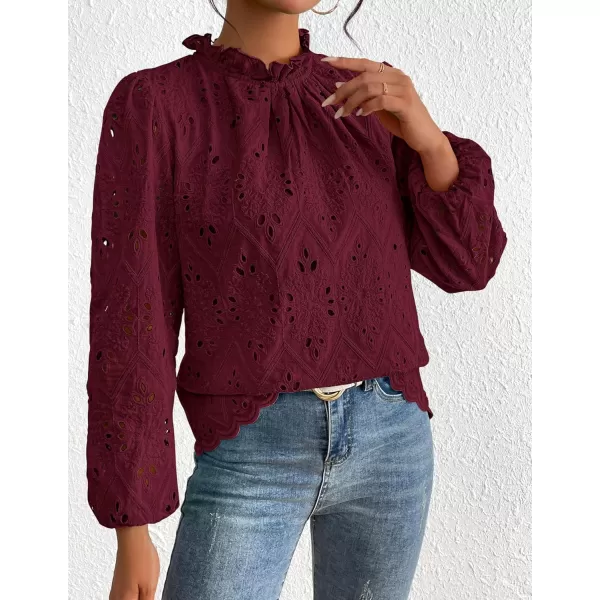 PRETTYGARDEN Womens Blouses Dressy Casual Embroidered Long Puff Sleeve Shirts Ruffle Eyelet Lace Top Fall ClothesWine Red