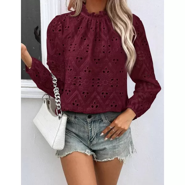 PRETTYGARDEN Womens Blouses Dressy Casual Embroidered Long Puff Sleeve Shirts Ruffle Eyelet Lace Top Fall ClothesWine Red