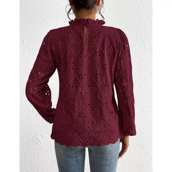 PRETTYGARDEN Womens Blouses Dressy Casual Embroidered Long Puff Sleeve Shirts Ruffle Eyelet Lace Top Fall ClothesWine Red