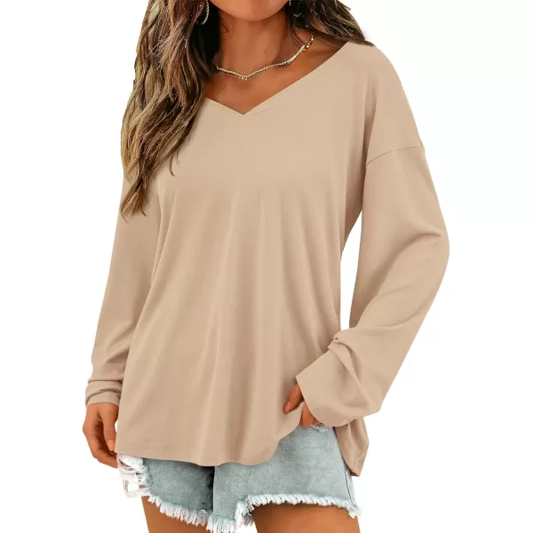 PRETTYGARDEN Womens Fall Fashion 2024 T Shirts Casual Long Sleeve V Neck Tunic Tops Loose Basic TeesApricot