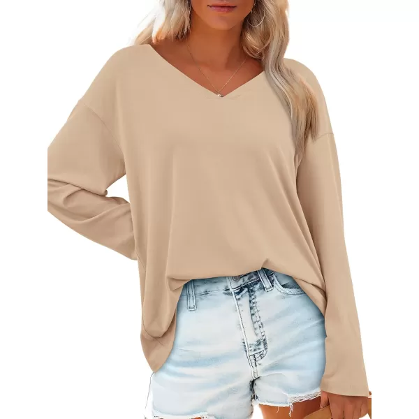 PRETTYGARDEN Womens Fall Fashion 2024 T Shirts Casual Long Sleeve V Neck Tunic Tops Loose Basic TeesApricot