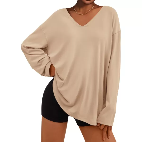 PRETTYGARDEN Womens Fall Fashion 2024 T Shirts Casual Long Sleeve V Neck Tunic Tops Loose Basic TeesApricot