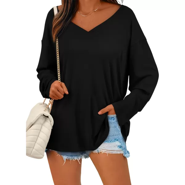 PRETTYGARDEN Womens Fall Fashion 2024 T Shirts Casual Long Sleeve V Neck Tunic Tops Loose Basic TeesBlack