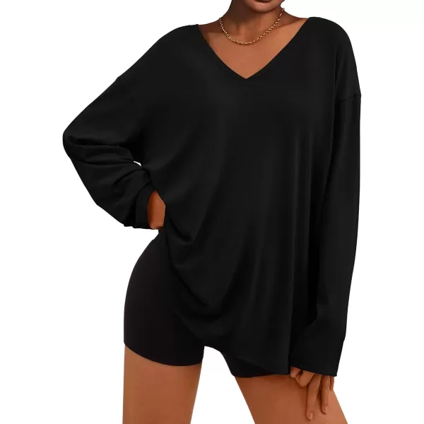 PRETTYGARDEN Womens Fall Fashion 2024 T Shirts Casual Long Sleeve V Neck Tunic Tops Loose Basic TeesBlack
