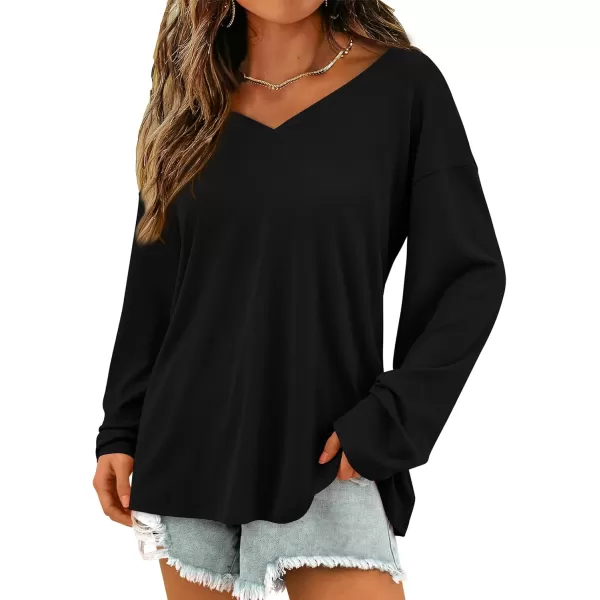 PRETTYGARDEN Womens Fall Fashion 2024 T Shirts Casual Long Sleeve V Neck Tunic Tops Loose Basic TeesBlack