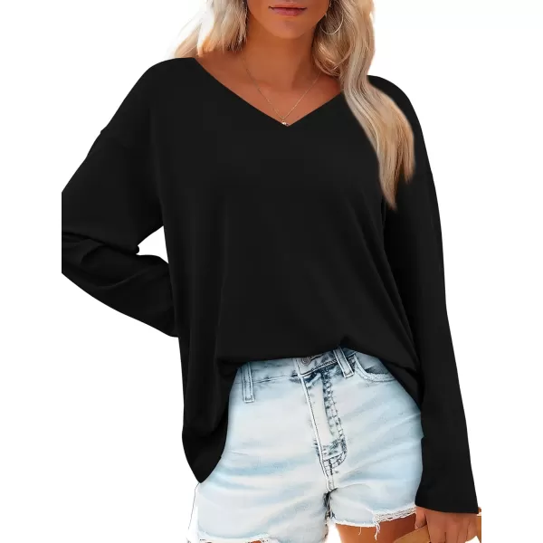PRETTYGARDEN Womens Fall Fashion 2024 T Shirts Casual Long Sleeve V Neck Tunic Tops Loose Basic TeesBlack