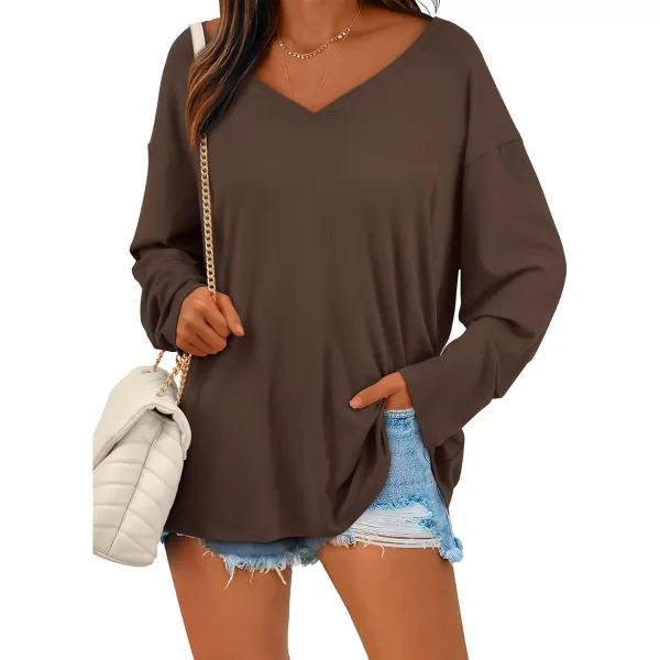 PRETTYGARDEN Womens Fall Fashion 2024 T Shirts Casual Long Sleeve V Neck Tunic Tops Loose Basic TeesCoffee