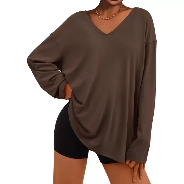 PRETTYGARDEN Womens Fall Fashion 2024 T Shirts Casual Long Sleeve V Neck Tunic Tops Loose Basic TeesCoffee
